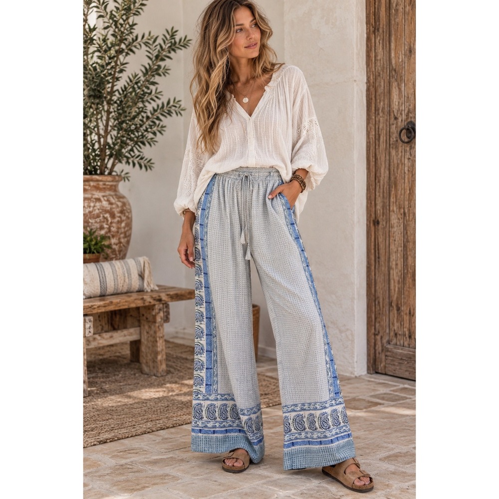 Nurture Womens Blue Paisley Wide Leg Boho Palazzo Pants Smocked Waist Large